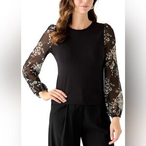NWT Tahari Floral Sheer Sleeve Black Knit Top Medium